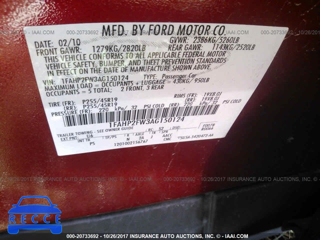 2010 Ford Taurus LIMITED 1FAHP2FW3AG150124 image 8