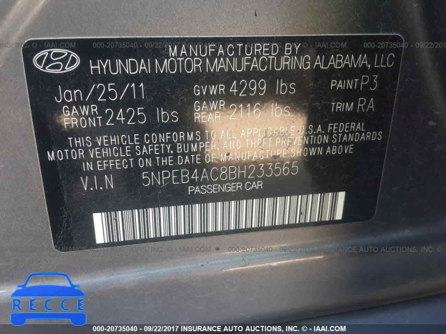 2011 Hyundai Sonata 5NPEB4AC8BH233565 Bild 8