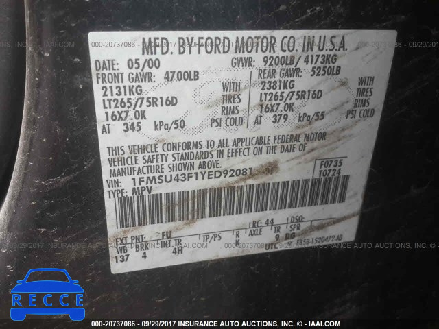 2000 Ford Excursion LIMITED 1FMSU43F1YED92081 image 8