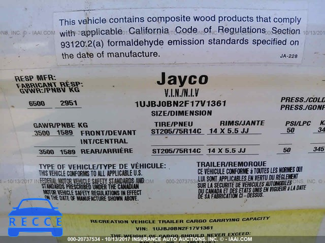 2015 JAYCO OTHER 1UJBJ0BN2F17V1361 зображення 9