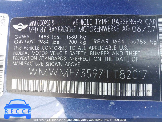 2007 Mini Cooper S WMWMF73597TT82017 image 8
