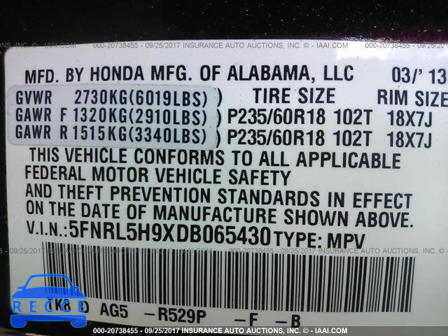 2013 Honda Odyssey 5FNRL5H9XDB065430 зображення 8