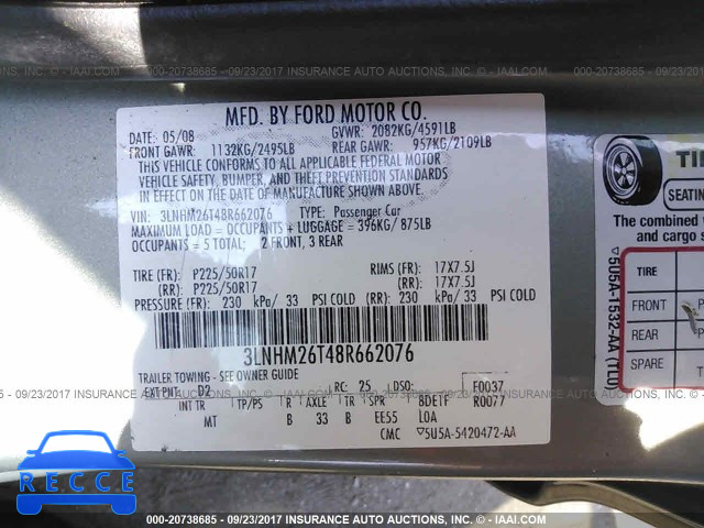 2008 Lincoln MKZ 3LNHM26T48R662076 image 8