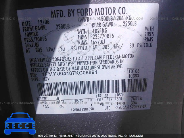 2007 Ford Escape LIMITED 1FMYU04187KC08891 image 8