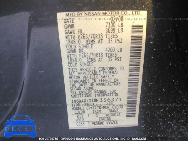 2008 Nissan Titan XE/SE/LE 1N6BA07D18N356371 зображення 8