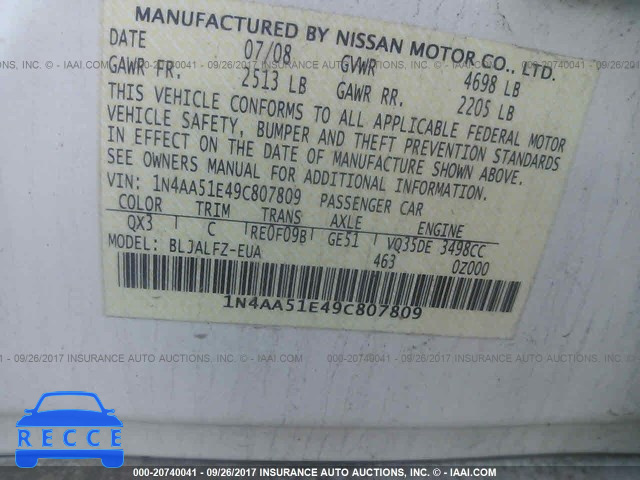 2009 Nissan Maxima 1N4AA51E49C807809 image 8