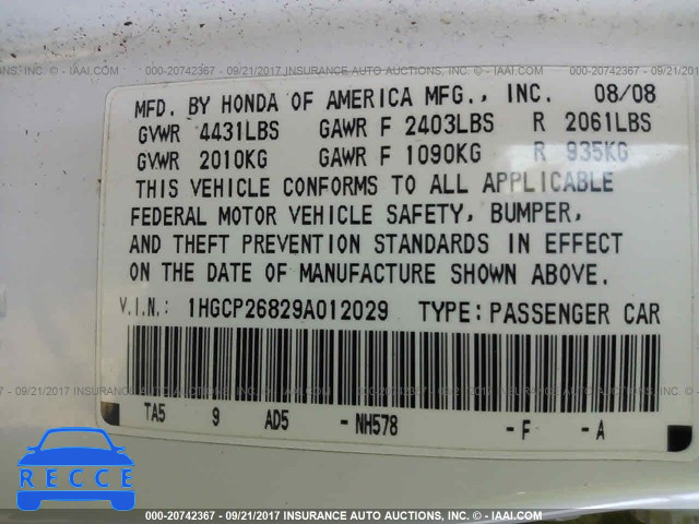 2009 Honda Accord 1HGCP26829A012029 image 8