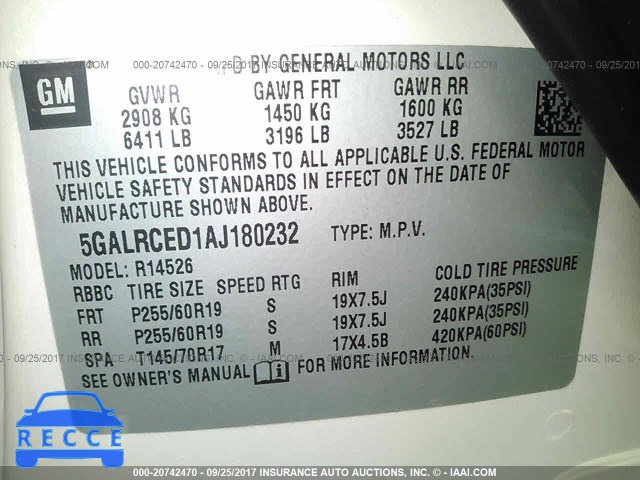 2010 Buick Enclave CXL 5GALRCED1AJ180232 image 8