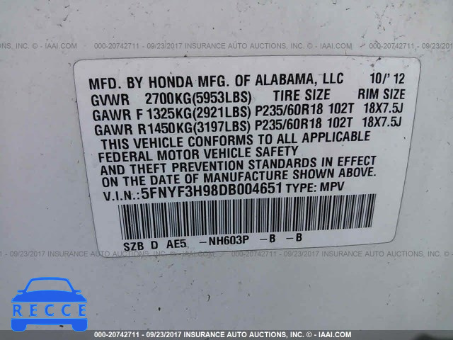 2013 Honda Pilot 5FNYF3H98DB004651 image 8