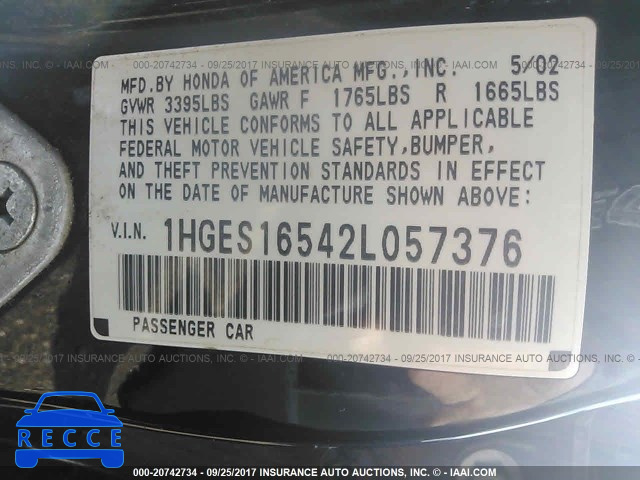 2002 HONDA CIVIC 1HGES16542L057376 image 8