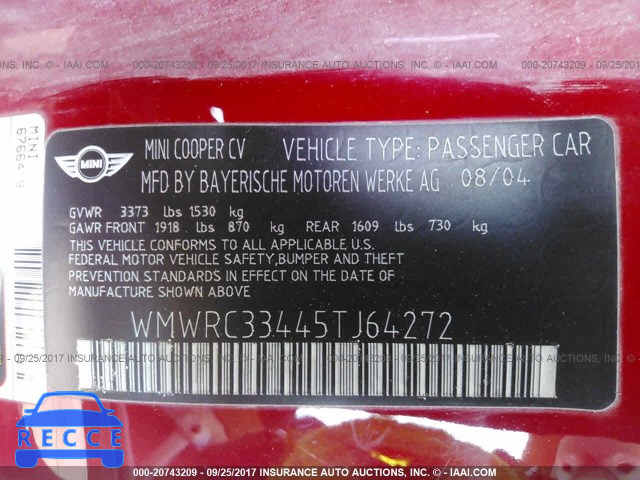 2005 Mini Cooper WMWRC33445TJ64272 image 8