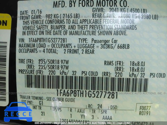 2016 Ford Mustang 1FA6P8TH1G5277281 зображення 8