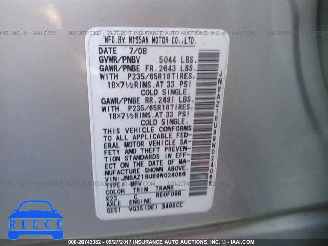 2009 Nissan Murano S/SL JN8AZ18U89W024066 Bild 8