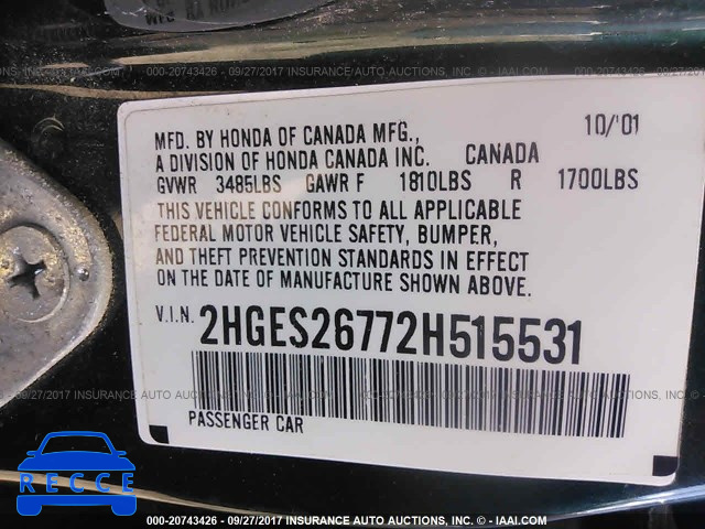2002 HONDA CIVIC 2HGES26772H515531 image 8