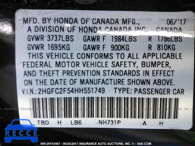 2017 HONDA CIVIC 2HGFC2F54HH551749 image 8