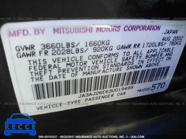 2003 Mitsubishi Lancer JA3AJ26E63U019499 image 8