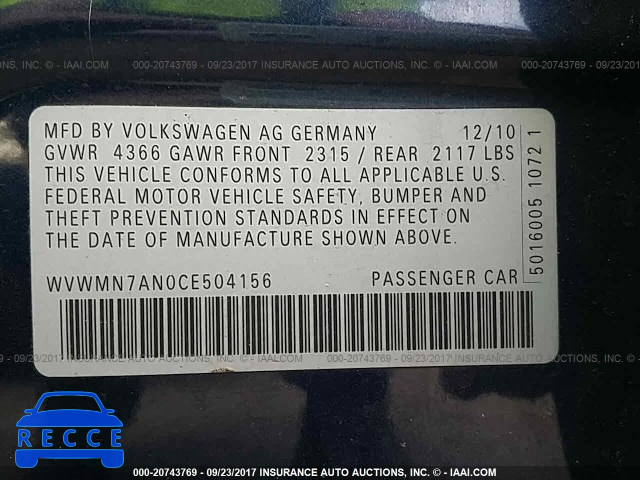 2012 Volkswagen CC WVWMN7AN0CE504156 Bild 8