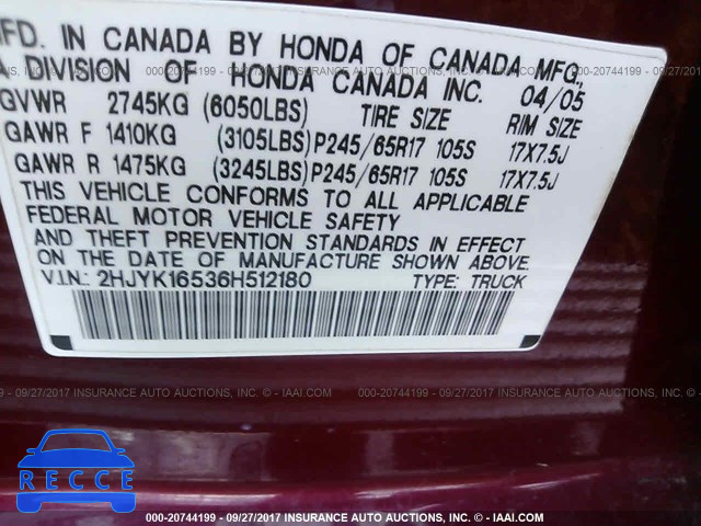 2006 Honda Ridgeline RTL 2HJYK16536H512180 image 8