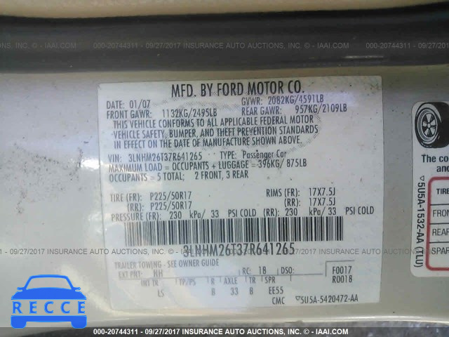 2007 LINCOLN MKZ 3LNHM26T37R641265 image 8