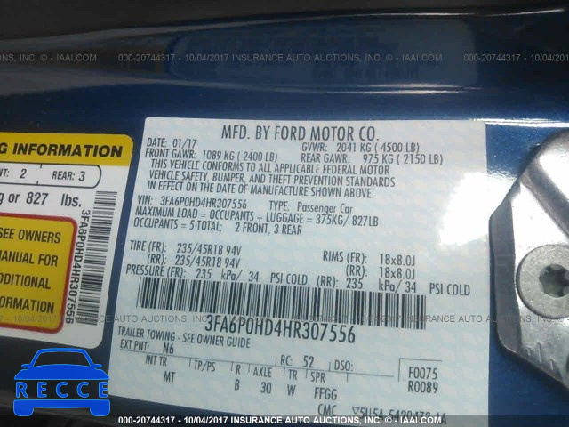 2017 FORD FUSION 3FA6P0HD4HR307556 Bild 8