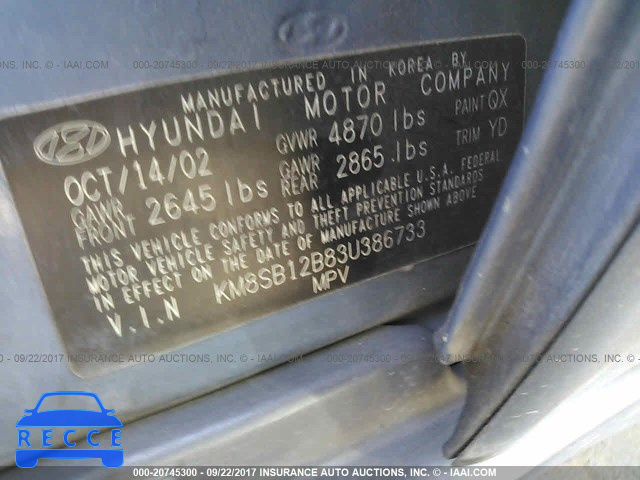 2003 HYUNDAI SANTA FE KM8SB12B83U386733 image 8