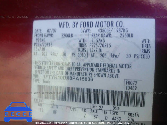2008 Ford Ranger 1FTYR10DX8PA15836 image 8
