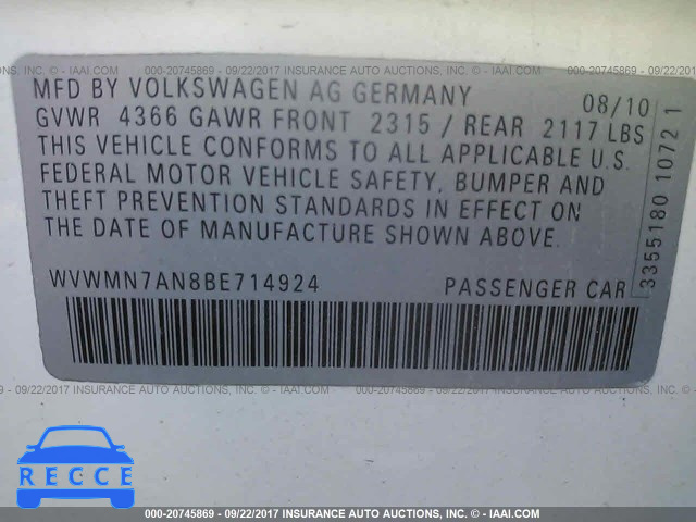 2011 Volkswagen CC SPORT WVWMN7AN8BE714924 image 8