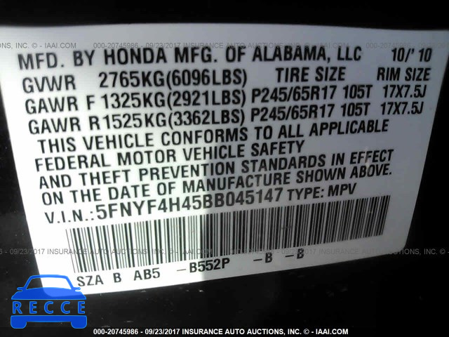 2011 Honda Pilot 5FNYF4H45BB045147 image 8