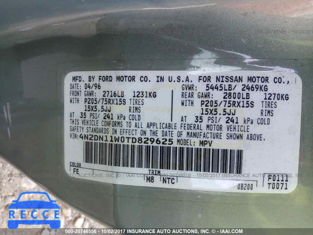 1996 Nissan Quest XE/GXE 4N2DN11W0TD829625 image 8