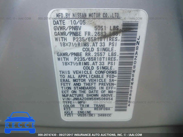 2006 Nissan Murano JN8AZ08W56W506954 Bild 8