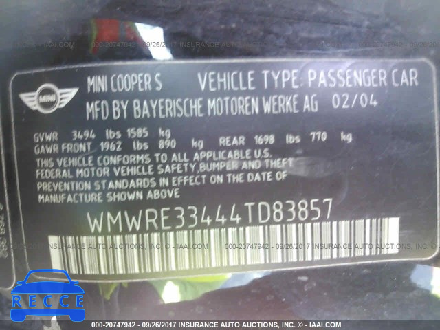 2004 MINI COOPER S WMWRE33444TD83857 зображення 8