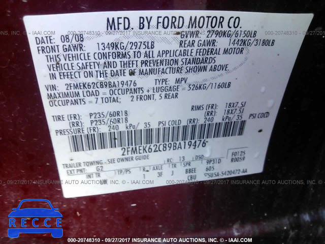 2009 Ford Flex 2FMEK62C89BA19476 зображення 8