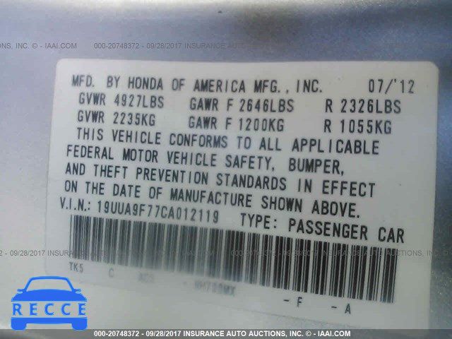 2012 Acura TL 19UUA9F77CA012119 зображення 8