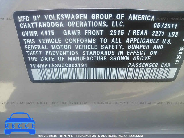 2012 Volkswagen Passat 1VWBP7A30CC002191 image 8
