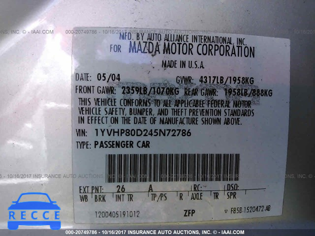2004 Mazda 6 S 1YVHP80D245N72786 image 8