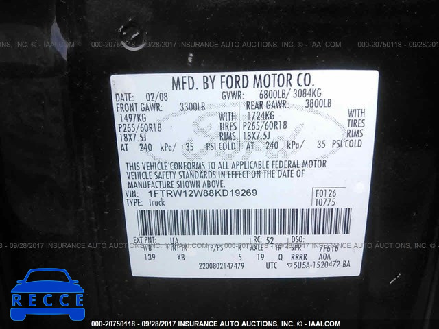 2008 Ford F150 1FTRW12W88KD19269 зображення 8