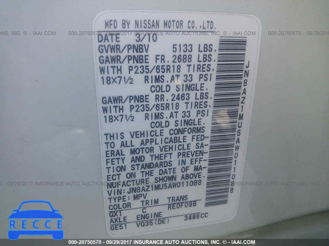 2010 Nissan Murano S/SL/LE JN8AZ1MU5AW011088 image 8