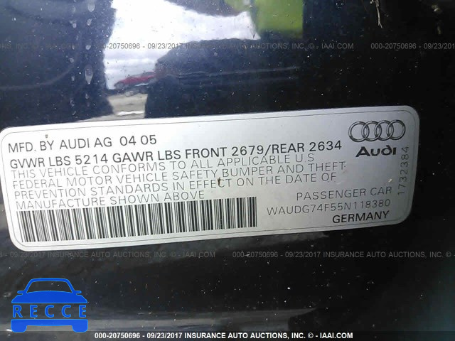 2005 Audi A6 WAUDG74F55N118380 зображення 8