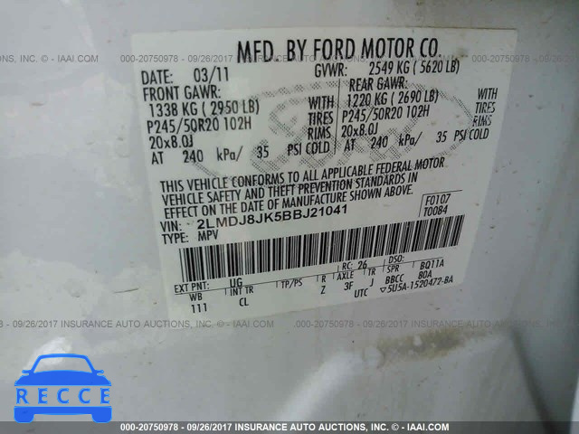 2011 Lincoln MKX 2LMDJ8JK5BBJ21041 зображення 8