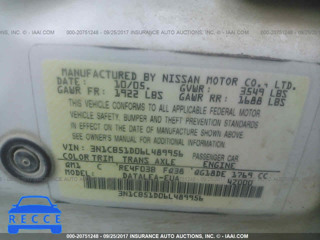 2006 Nissan Sentra 3N1CB51D06L489956 image 8