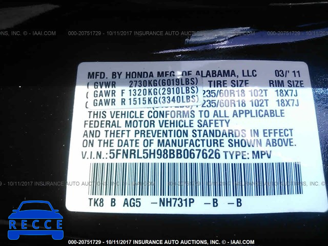 2011 HONDA ODYSSEY TOURING/TOURING ELITE 5FNRL5H98BB067626 image 8
