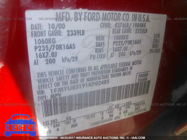 2001 Ford Escape XLT 1FMYU03191KF02485 image 8