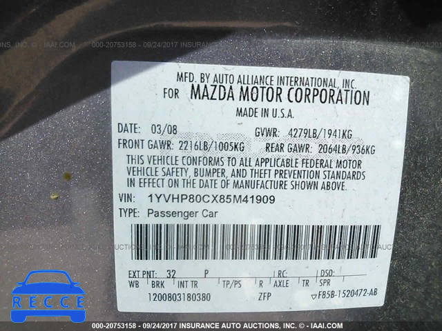 2008 Mazda 6 I 1YVHP80CX85M41909 image 8