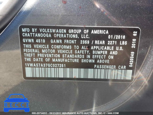 2016 Volkswagen Passat 1VWAS7A37GC027251 зображення 8