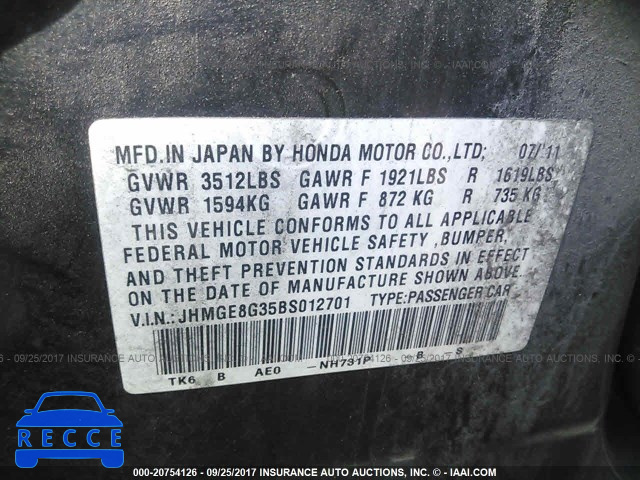 2011 Honda FIT JHMGE8G35BS012701 зображення 8