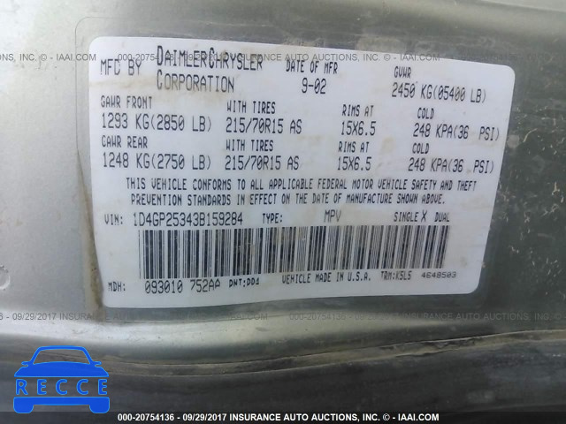 2003 Dodge Caravan 1D4GP25343B159284 зображення 8