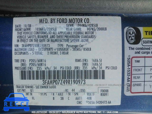 2009 Ford Fusion 3FAHP07Z49R190973 Bild 8