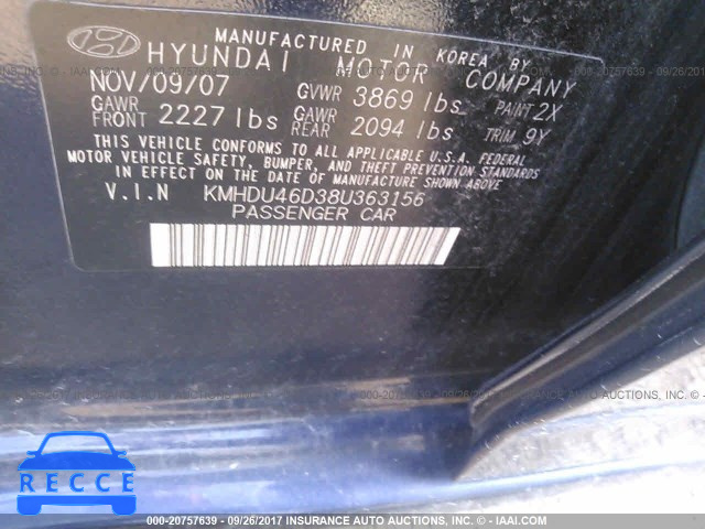 2008 Hyundai Elantra KMHDU46D38U363156 image 8