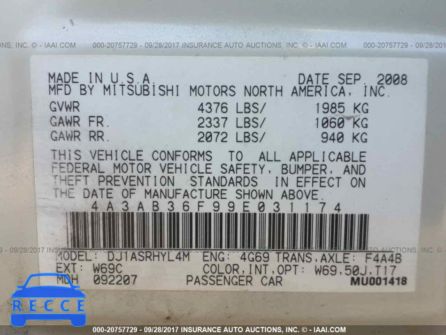 2009 Mitsubishi Galant ES 4A3AB36F99E031174 image 8