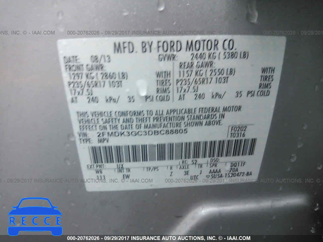 2013 Ford Edge 2FMDK3GC3DBC88805 зображення 8